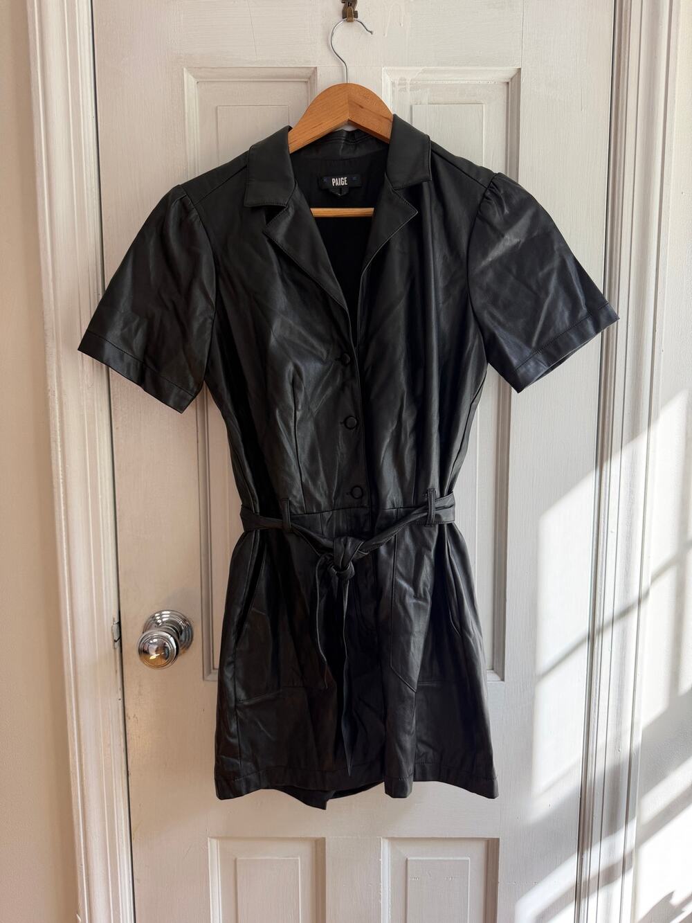 PAIGE Black Faux Leather Belted Short Sleeve Romper Jumper XS